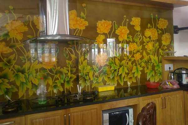 Kính ốp bếp in 3D hoa